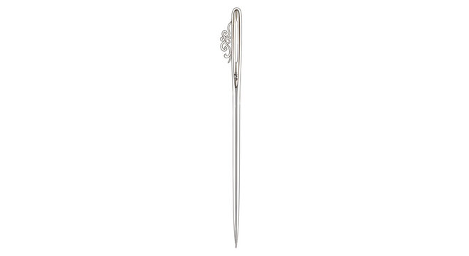 Detailed macro photograph showcases a sewing needle isolated against a stark white background