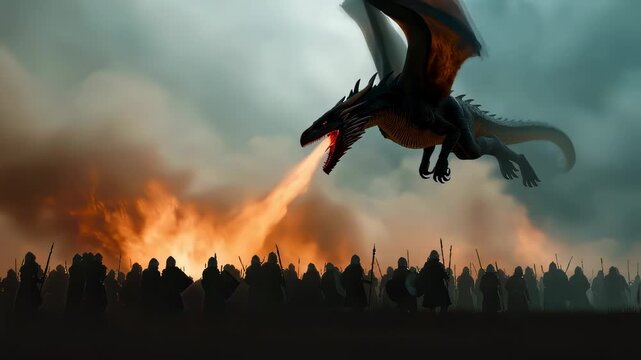 Fantasy action scene of a dragon battle. Medieval soldiers in cinematic battle against flying fire breathing dragon in dark smoke
