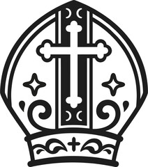 Bold Black and White Bishop Mitre Vector – Minimalist Christian Cross Crest with Ornamental Details