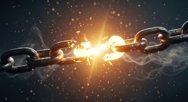 Broken chain with sparks and smoke in the background.