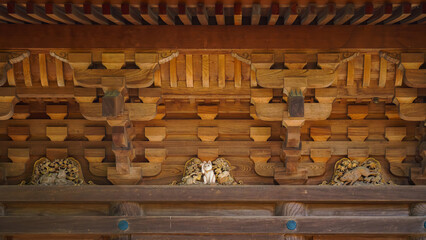 Tokyo, Japan - Sep 30 2024, A close-up view of decorated wooden wall under roof of pagoda, above entrance sits a small statuette of the alluring white cat Maneki Neko, in Gotokuji Temple, Tokyo, Japan