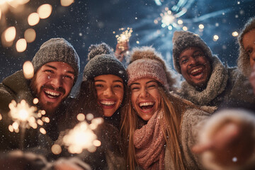 Group of cheerful friends celebrating outdoors on snowy New Year&rsquo;s Eve night, holding sparklers and laughing under fireworks, winter holiday joy, cinematic lifestyle. Generative AI.
