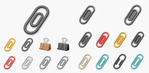 Collection of paper clips in various colors and styles on a transparent background.