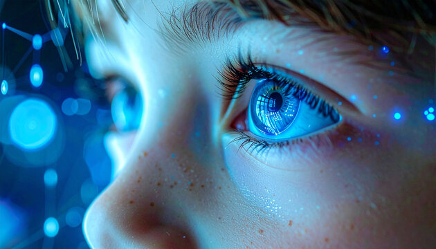 Visionary Gaze: A close-up shot focuses on a vibrant blue eye with digital connection elements, evoking a sense of the future and technological exploration.