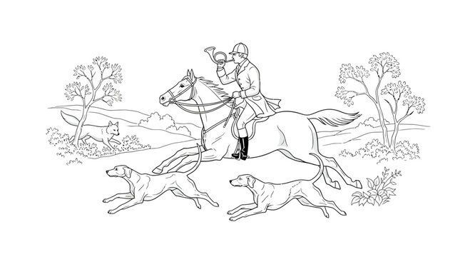 Equestrian pursuit rendered in crisp lines, featuring a foxhunt scene with dogs and trees