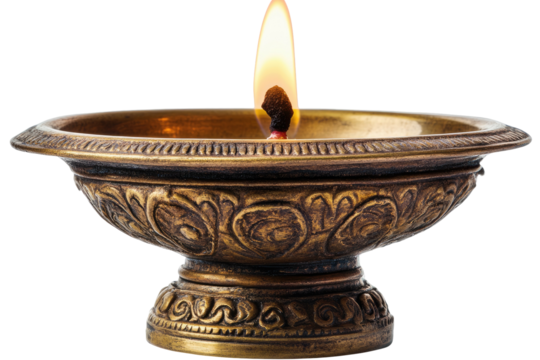 Golden oil lamp with flame burning bright, ornate details