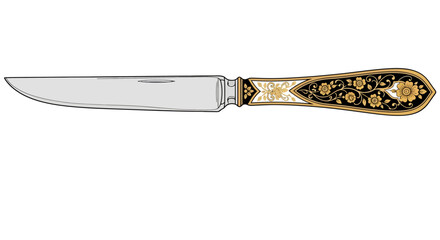 Intricate floral patterned knife with silver blade and elegant handle design