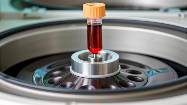 Blood Sample Test Tube Placed in Centrifuge for Pharmaceutical Trials and Medicine Testing Ensures Accurate Results in Research