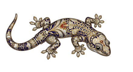 Intricate ornate patterned gecko design with floral and baroque elements on a white background