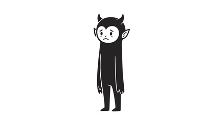 Monochrome cartoon devil character expressing somber mood with drooping face and horns
