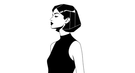 Monochrome digital illustration of a woman with angular bob and bold lipstick profile view against