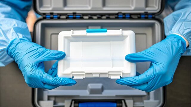 Healthcare professional protective gear emphasizes importance of pharmaceutical trials and medicine testing with clean container controlled