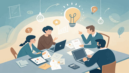 Illustration of a business meeting around a table with laptops and a lightbulb idea concept above