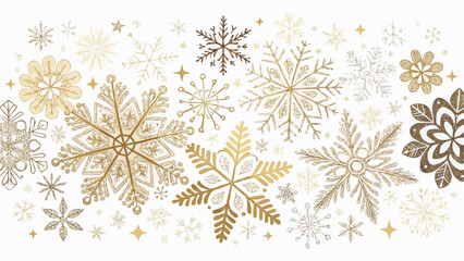 Elegant golden snowflakes and stars scattered on a white background creating a festive winter scene