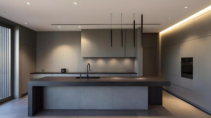 Minimalist modern kitchen with a large central island, grey cabinetry, a black sink faucet, built-in ovens, and hanging pendant lights. Concept Minimalist Kitchen, Central Island, Grey Cabinetry