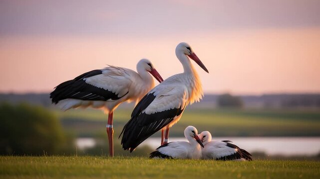 Golden hour illuminates a serene family of white storks in a tranquil meadow; two adults stand protectively as their chicks nestle on the grass, with a calm body of water in the soft background