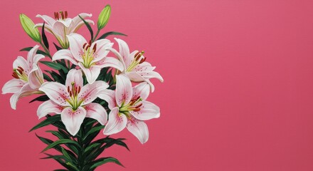 Naklejka premium Bouquet of white lilies with green leaves on pink background. Painting with delicate flower for greeting card and spring decor.