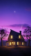 House under a purple sky with a crescent moon.