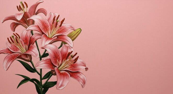 Pink lily flower on a solid background, elegant floral arrangement for greeting card design or decorative botanical illustration.