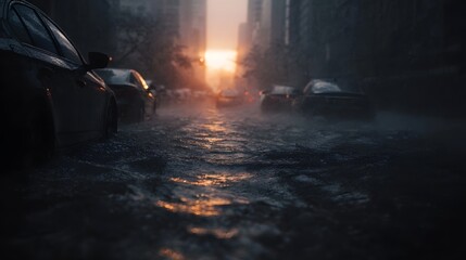 Flooded urban street at sunset with cars submerged in water under a misty sky