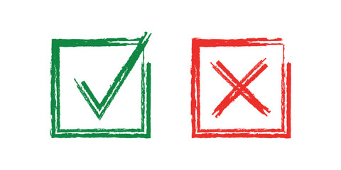 Hand Drawn Green Check Mark and Red Cross Icon Set, Sketch Style Yes No Choice Vector Illustration
