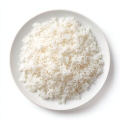 A close-up overhead shot of a simple plate of cooked white rice