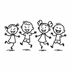 Happy stick figure children jumping and dancing hand drawn line art