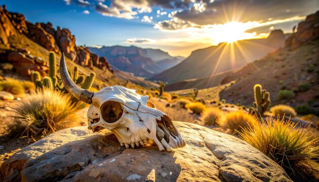 A cow skull sits atop a rock, facing a sunlit vista of canyons. Cacti and dry brush dot the foreground under a bright sunset sky