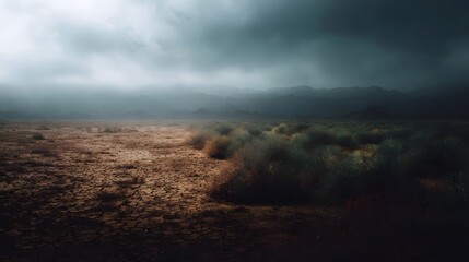Obraz premium A dramatic split landscape showing arid cracked earth transitioning into sparse dry vegetation under a stormy overcast sky