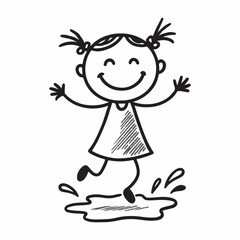 Hand drawn stick figure girl joyfully jumping in a puddle