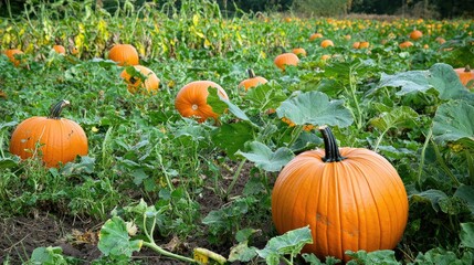 A pumpkin patch with numerous pumpkins of various sizes and colors, surrounded by green leaves and plants, with a clear sky in the background.
