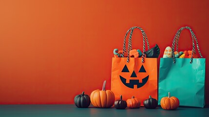 Two colorful Halloween bags filled with candies and pumpkins on a dark orange background.