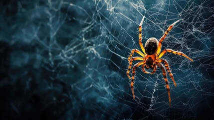 A spider on its web with a dark background.
