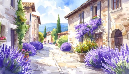 Watercolor Painting of a Charming Tuscan Village Street with Lavender.