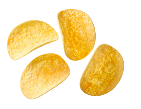 Four ridged, golden-brown potato crisps overlapping on a transparent backdrop