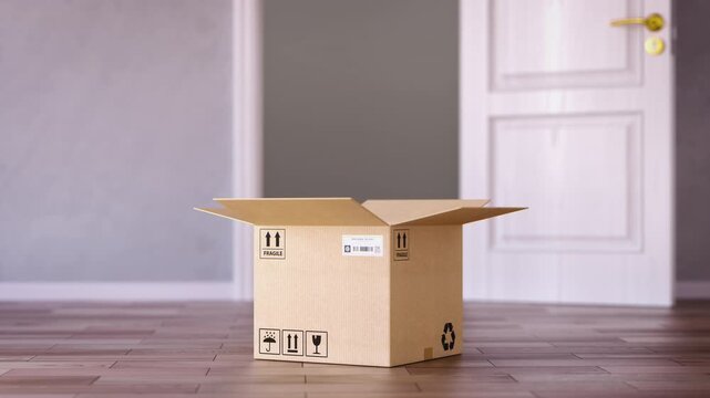 Express delivery concept. Opening empty cardboard box in front of open door.. 3d animation