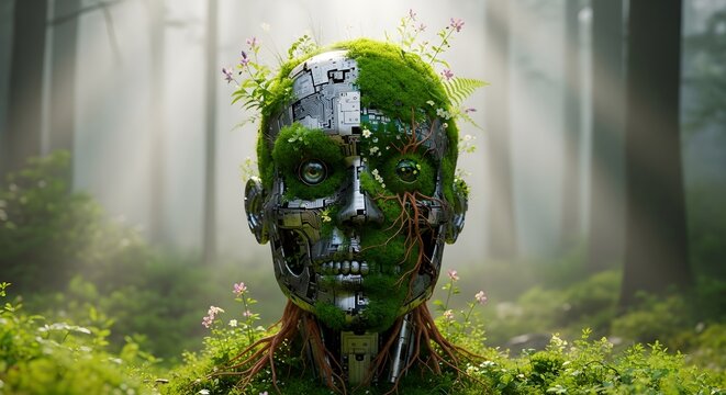 A fusion of technology and nature, where a robot face is overgrown with moss and flowers in a forest.