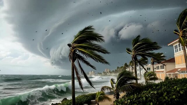 Massive hurricane storm surge batters coastline with violent winds, debris flying, palm trees swaying dramatically, and ocean waves crashing ashore.