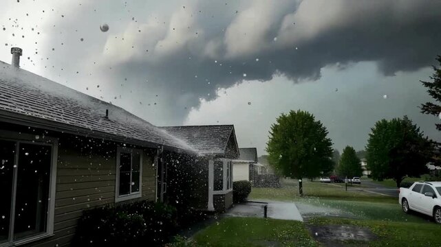 Dramatic dark storm clouds gather menacingly over suburban homes as heavy snow or hail pelts down