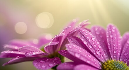 A realistic and modern background with close up of pink daisy flowers covered in water droplets with a soft blurred background effect.