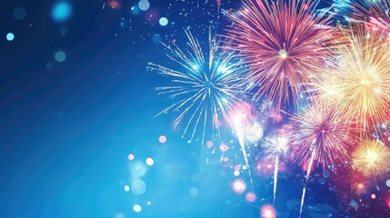 A vibrant fireworks display against a dark blue sky, with a variety of colors and patterns.