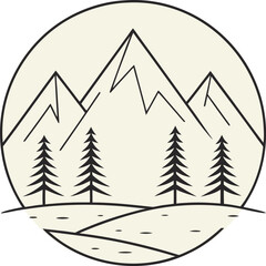 Fototapeta premium Hand drawn mountain landscape with pine trees inside a circle emblem for outdoor adventure
