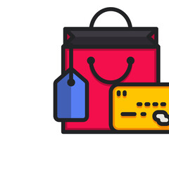 Red Shopping Bag with Blue Tag and Gold Credit Card Payment Method for Online Shopping Purchases and E-commerce Transactions