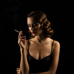 Fototapeta premium Isolated Medium Close-up of Female Model with Pensive Gaze Holding Long Cigarette - Sophisticated Vixen and Retro Casino Strategy Concept