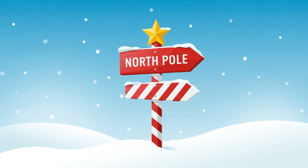 Fototapeta premium A red and white striped signpost pointing to the North Pole in a snowy winter landscape with a star on top.