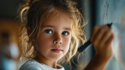 Young girl drawing on a transparent surface with focus and intensity