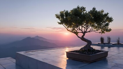 A sculpted tree in a rectangular planter on a marble terrace, sunset over distant blue mountains. Concept Sculpted Tree in Planter, Marble Terrace, Sunset Over Distant Blue Mountains, Golden Hour
