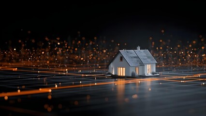 Snow-covered house with warm lit windows sits on a glowing orange grid in a dark, bokeh-filled night. Concept Snowy house with warm-lit windows, Glowing orange grid in a dark night