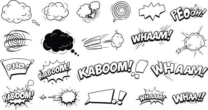 Comic Book Sound Effect Speech Bubbles and Explosions Black and White Graphics boom