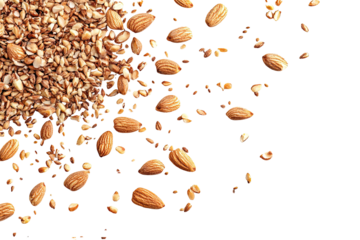 Almonds and seeds scattered, merging from heap to sparse on a dark backdrop